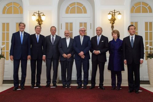 Foreign Ministers from the P5+1 nations, the European Union, and Iran - John Kerry of the United States, Philip Hammond of the United Kingdom, Sergey Lavrov of Russia, Javad Zarif of Iran, Frank-Walter Steinmeier of Germany, Laurent Fabius of France, Baroness Catherine Ashton of the EU, and Wang Yi of China in Vienna, Austria, on November 24, 2014, amid multilateral negotiations with Iran about the future of its nuclear program.