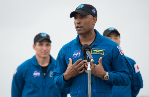 NASA astronaut Victor Glover speaks to members of the media after arriving from Houston at the Launch and Landing Facility at NASA’s Kennedy Space Center with fellow NASA astronauts Mike Hopkins and Shannon Walker and Japan Aerospace Exploration Agency (JAXA) astronaut Soichi Noguchi, ahead of SpaceX’s Crew-1 mission, Sunday, Nov. 8, 2020, in Florida.