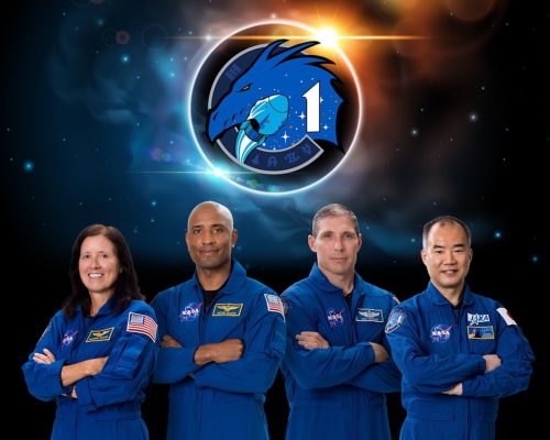 The SpaceX Crew-1 official crew portrait with (from left) NASA astronauts Shannon Walker, Victor Glover, Mike Hopkins, and JAXA (Japan Aerospace Exploration Agency) astronaut Soichi Noguchi.