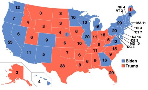 Map of the Electoral College for the United States presidential election, 2020.