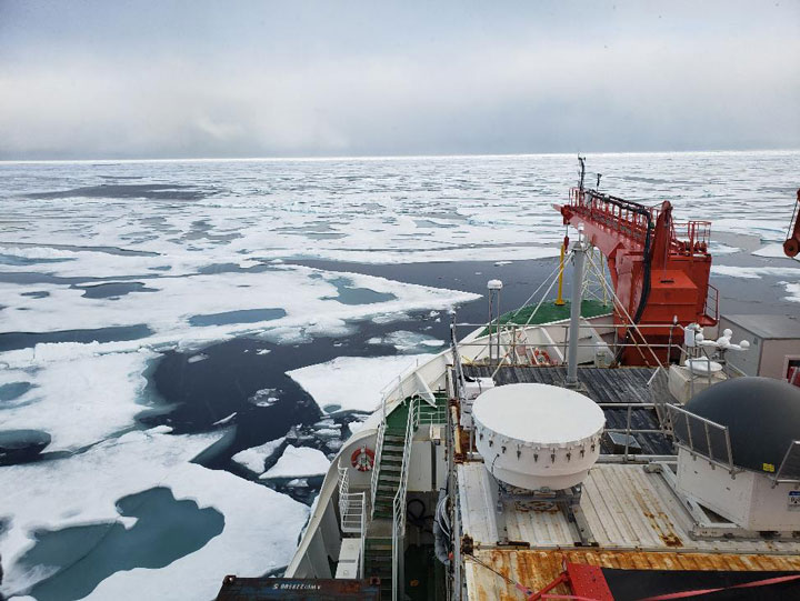 Thin ice at the North Pole on August 19, 2020, as seen from the research ship the Polarstern.