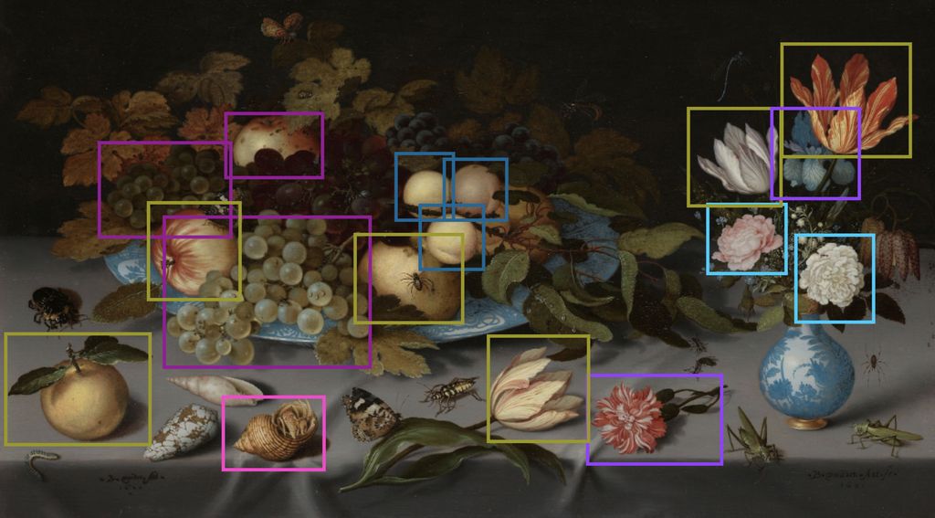 Outlines around items related to smell on the painting Still Life with Fruit and Flowers, by Balthasar van der Ast, 1620 - 1621.