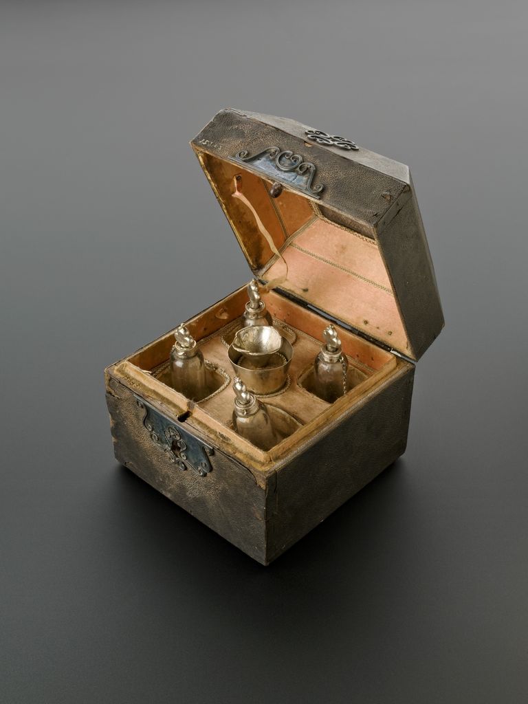 A square, leather-covered wooden perfume case, Netherlands, 1671-1700.
