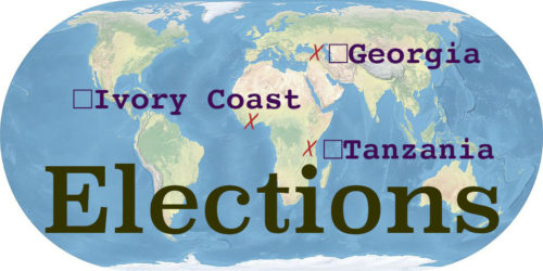 World map with the word Elections. Georgia, Ivory Coast, and Tanzania are marked and labeled.