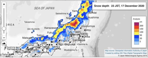 A map showing the depth of the recent snow in Japan.