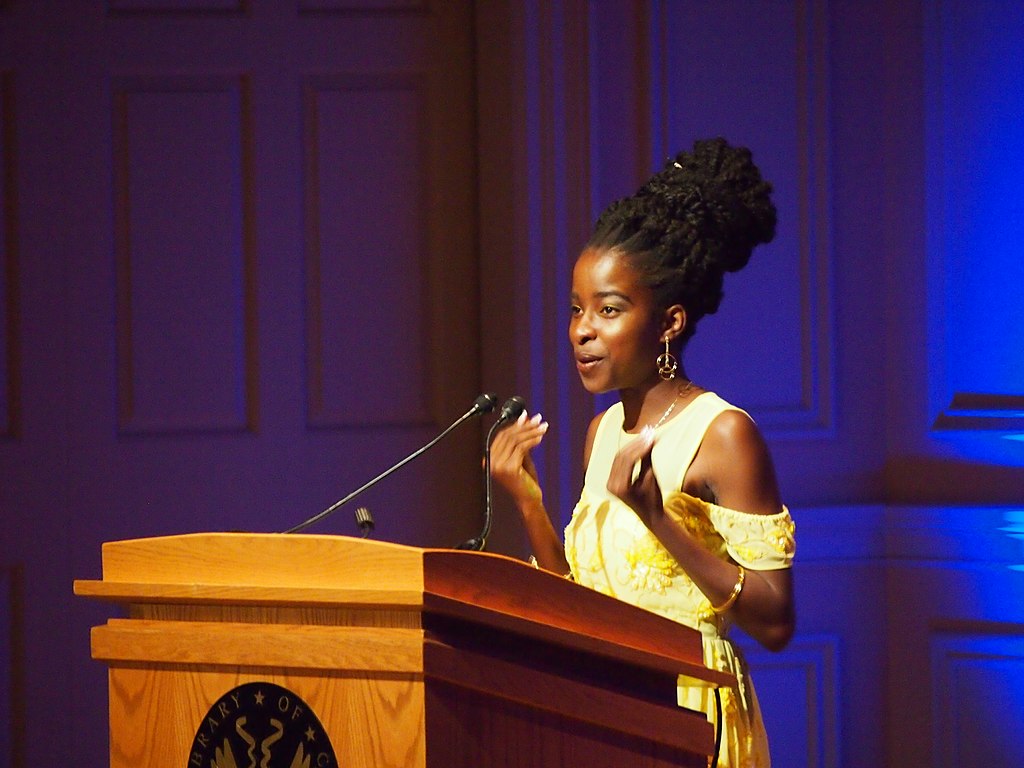 Amanda Gorman reading at the Library of Congress in 2017.