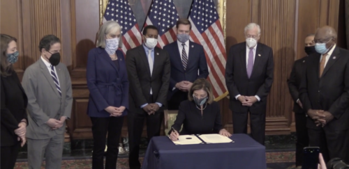 House Speaker Nancy Pelosi signing House Resolution 24 - Articles of Impeachment against President J. Trump following its passage by the House of Representatives.