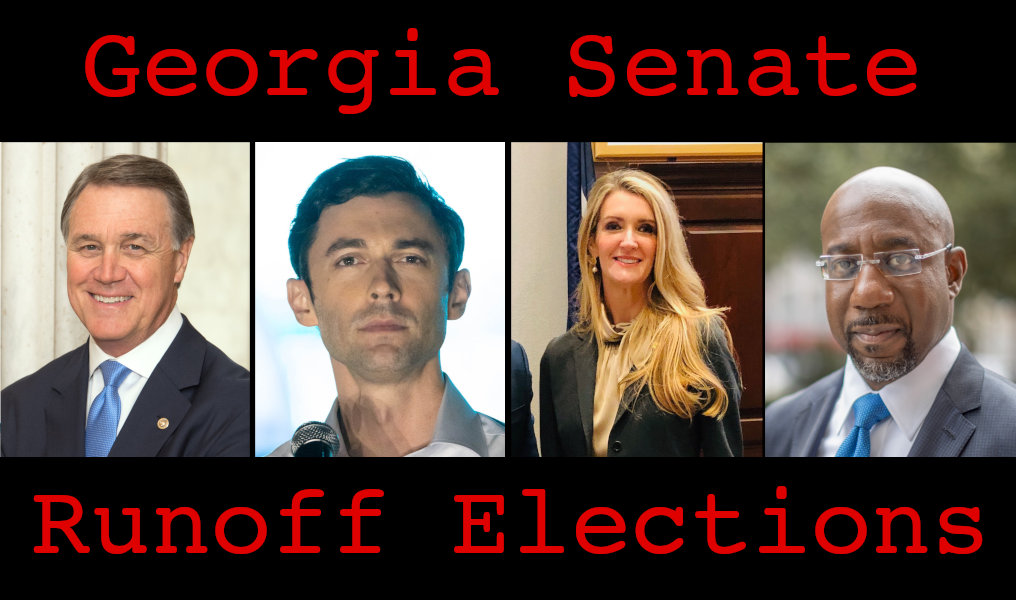 David Perdue, Jon Ossoff, Kelly Loeffler, and Raphael Warnock in an image labeled Georgia Senate Runoff Elections