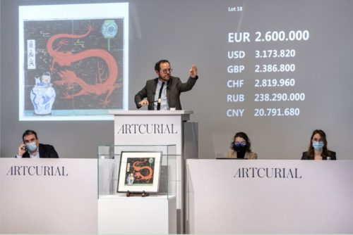 A picture of the auction of Hergé's original cover for The Blue Lotus.