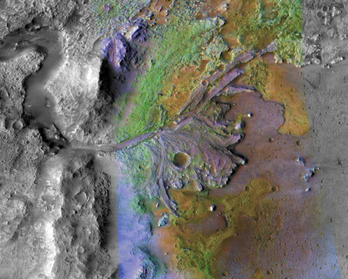 A color-enhanced image of the delta in Jezero Crater, which once held a lake. It will be the landing site of NASA's Mars 2020 rover.