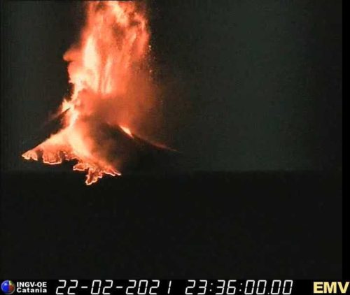 A photo showing a massive lava fountain erupting from Mount Etna on February 22, 2021.