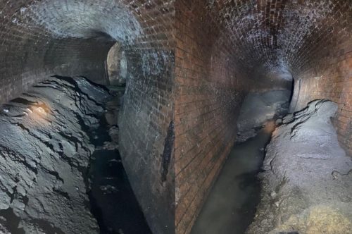 Side by side pictures of a massive fatberg found in the sewers of London under Canary Wharf.