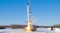 Stardust 1.0, a biofuel-powered rocket developed by bluShift Aerospace, takes off.
