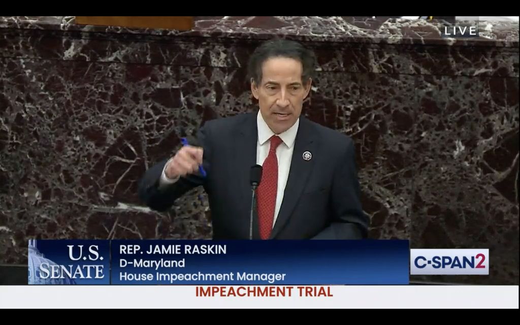 Democrat Jamie Raskin of Maryland speaks at the second impeachment trial of Donald Trump.