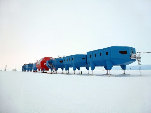 The Halley Research Station is a research facility in Antarctica. This image is of the Halley VI buildings consisting of a string of eight modules jacked up on hydraulic legs to keep it above the accumulation of snow.