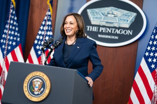 Vice President Kamala Harris delivers remarks during a press conference Wednesday, Feb. 10, 2021, at the Pentagon in Arlington, Virginia.