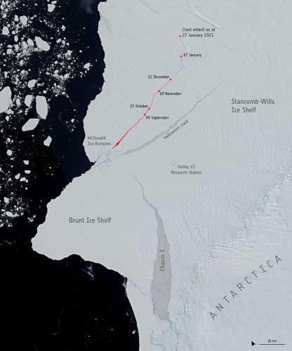 A new crack has been spotted in the portion of the floating ice shelf north of the McDonald Ice Rumples, which may prompt the calving of multiple bergs. The extent of this new crack can be seen the top of the image.