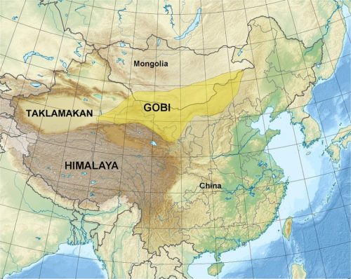 Map showing the Gobi Desert, Taklamakan Desert, China, Mongolia, and the Himalayas.