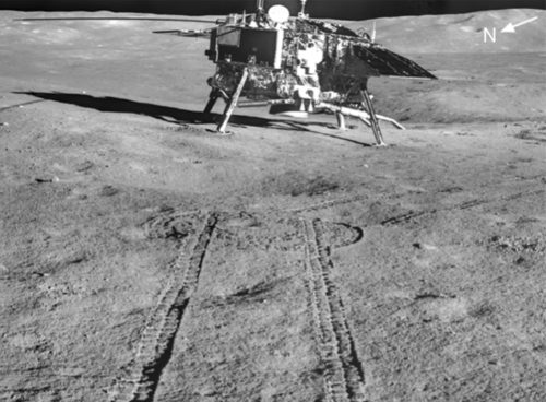 Image taken by the panoramic camera (PCAM) on board the Chinese Yutu 2 lunar rover as it looked back at the Chang'e 4 lander.