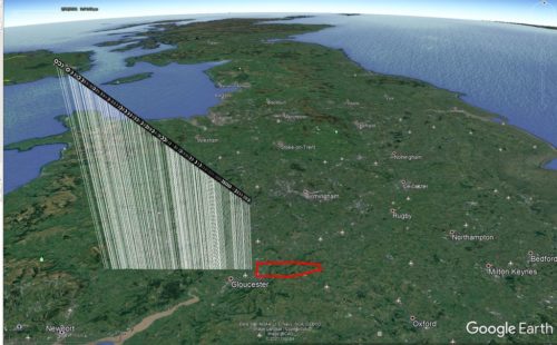 The path of the February 28 meteor superimposed on a 3D map of England showing where pieces of the meteorite may have landed.