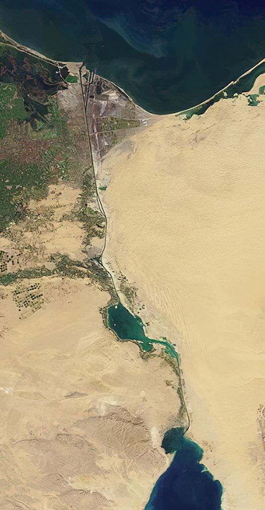 NASA image of the Suez Canal, taken by the MISR instrument on the Terra satellite on January 30, 2001. Cropped.