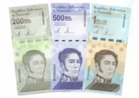 Three new banknotes, released by the Central Bank of Venezuela as a result of inflation. One of the bills is worth 1 million bolivars.