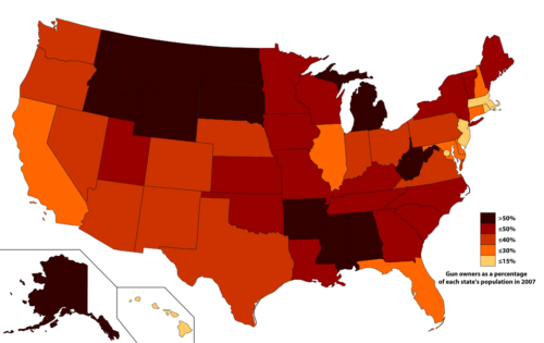 Map reflecting gun owners as a percentage of each US state's population in 2007.