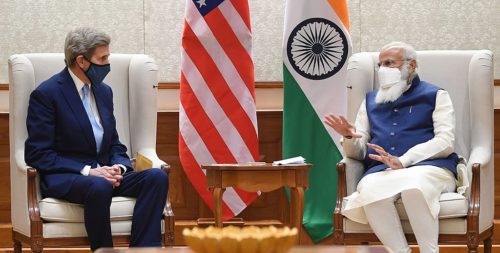 The U.S. Special Presidential Envoy for Climate, Mr. John Kerry meeting the Prime Minister, Shri Narendra Modi, in New Delhi on April 07, 2021.