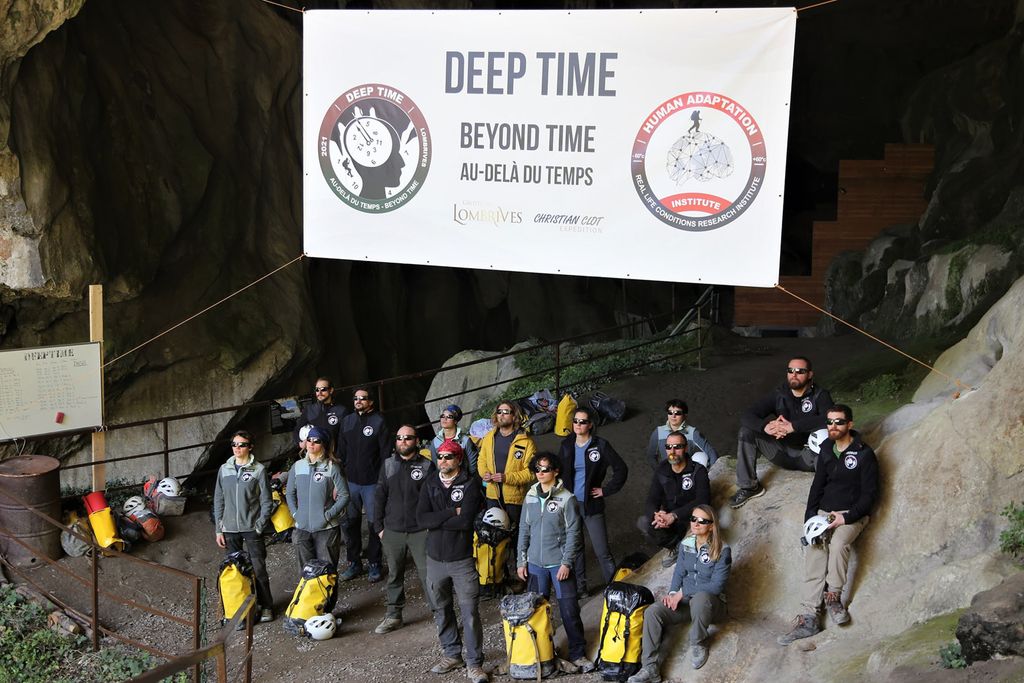 Deep Time campers in front of the Lombrives cave after the 40-day experiment.