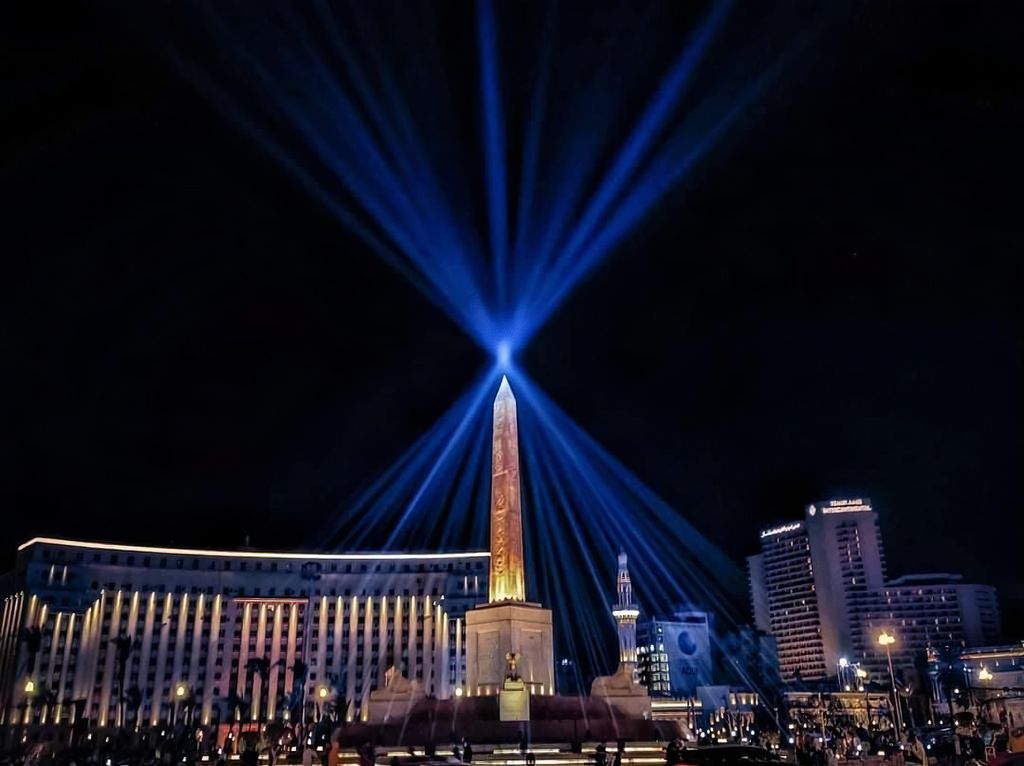 Spotlights in Cairo for the Golden Pharaoh Parade.