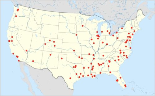 Mass shootings in the US in 2021 up to April 18 marked on a Location map of United States of America (without Hawaii and Alaska).