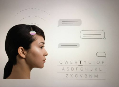 Graphic illustrating a woman texting with her brain using Neuralink's Link device.
