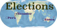World map with the word Elections. Ecuador, Peru, and Samoa are marked and labeled.