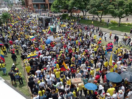 Protest in Cali, Colombia on May 7, 2021 in response to President Duque's proposed tax reform law.