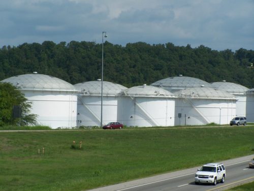 Colonial Pipeline Storage tanks outside Birmingham Alabama. Highway in the foreground.