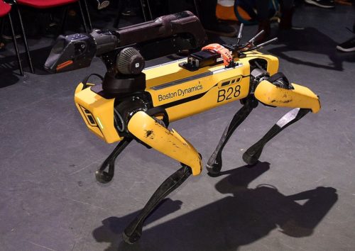 Spot, the Boston Dynamics, Robot, on Center Stage during the final day of Web Summit 2019 at the Altice Arena in Lisbon, Portugal on November 7, 2019.