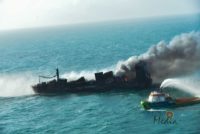 View from the air of the burning container ship MV X-Press Pearl off the coast of Sri Lanka.