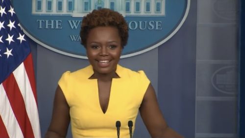 Principal Deputy Press Secretary Karine Jean-Pierre conducts press briefing at the Biden White House, becoming first openly gay spokeswoman and second Black woman ever to hold the role.