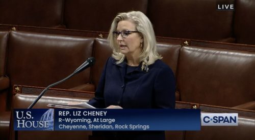 Republican Representative Liz Cheney speaking in the House of Representatives the day before a vote that removed her as a Republican leader.