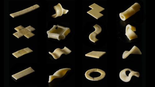 Several kinds of flat-pack pasta shown before and after boiling.