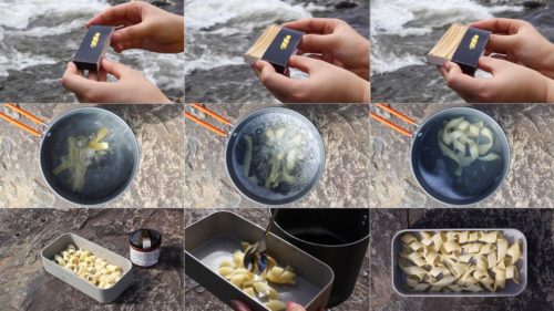 A series of pictures shows flat-pack pasta being opened, prepared, and served.