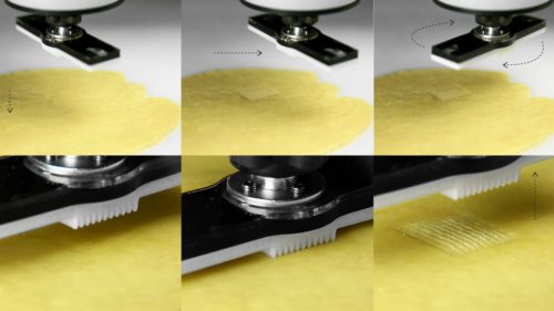 Six-picture collage of the stamping process for flat-pack pasta.