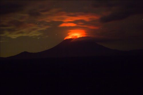 The glow from the lava lake of the Nyiragongo volcano can clearly be seen at night