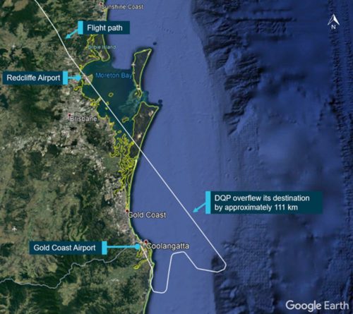 Map showing path of flight in Australia where pilot fell asleep for 69 miles (111 kilometers).