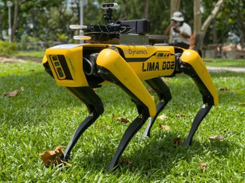 Boston Dynamics' Spot robot patrolling a park in Singapore in an attempt to encourage social distancing.