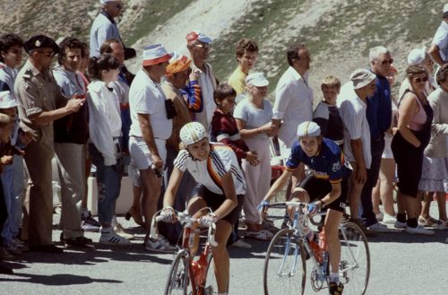 Two female cyclists pedal uphill during the women's Tour de France in July, 1986. Hautes-Alpes Col De L'Izoard Tour de France Feminin July, 1986