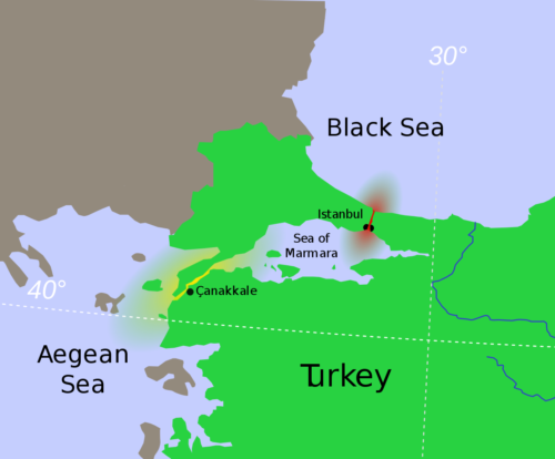 The Bosphorus (red), the Dardanelles (yellow), and the Sea of Marmara in between, are known collectively as the Turkish Straits