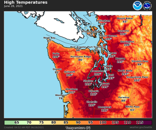 Graphic of Western Washington showing National Weather Service's predicted high temperatures for the day of June 28, 2021.