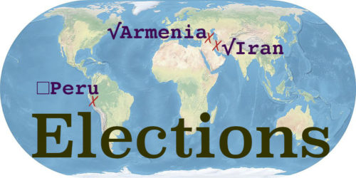 World map with the word Elections. Peru, Armenia, and Iran are marked.