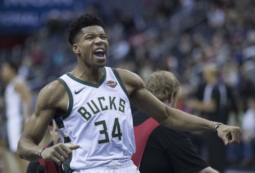 Giannis Antetokounmpo of the Milwaukee Bucks before the game against the Washington Wizards on January 15, 2018 at Capital One Arena in Washington, DC.